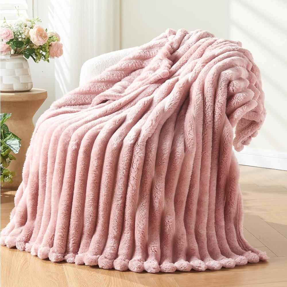 Pink Ribbed Throw Blanket